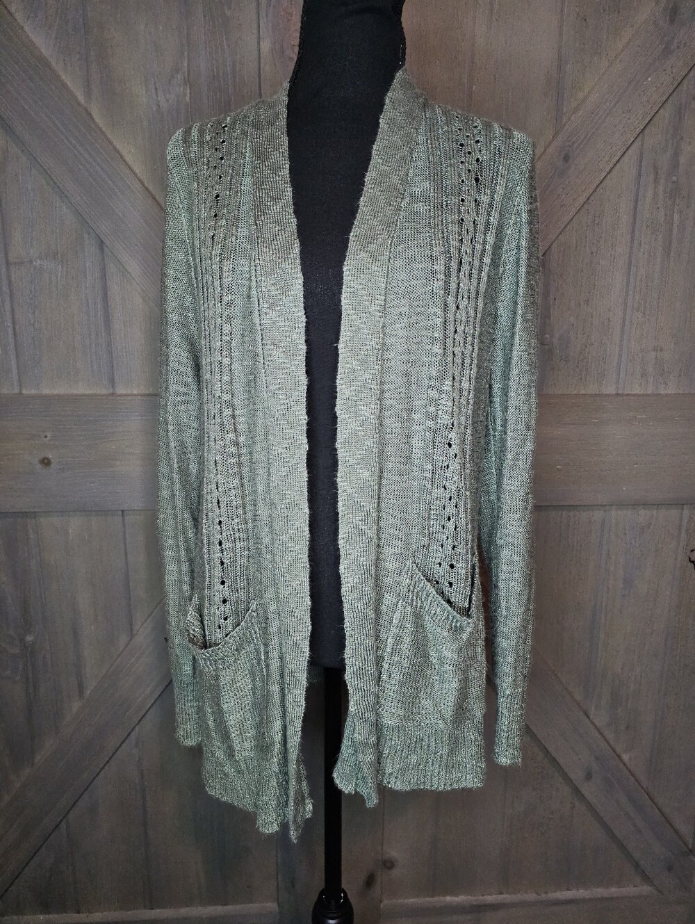 Love Ellie Open Front Knit Cardigan Sweater Sage Green Large Boho Pockets